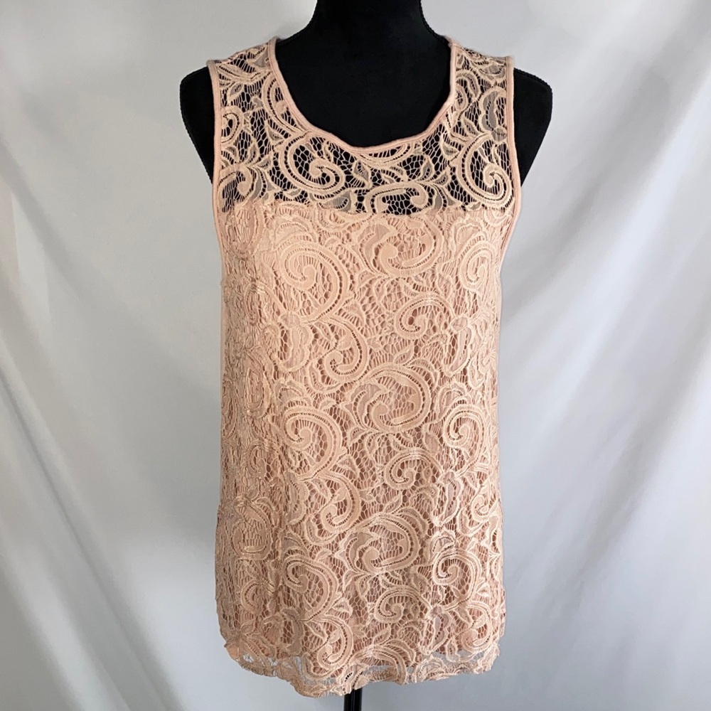 Adrianna Papell Lace Tank Top Women's L Peach Pink Cottagecore Balletcore